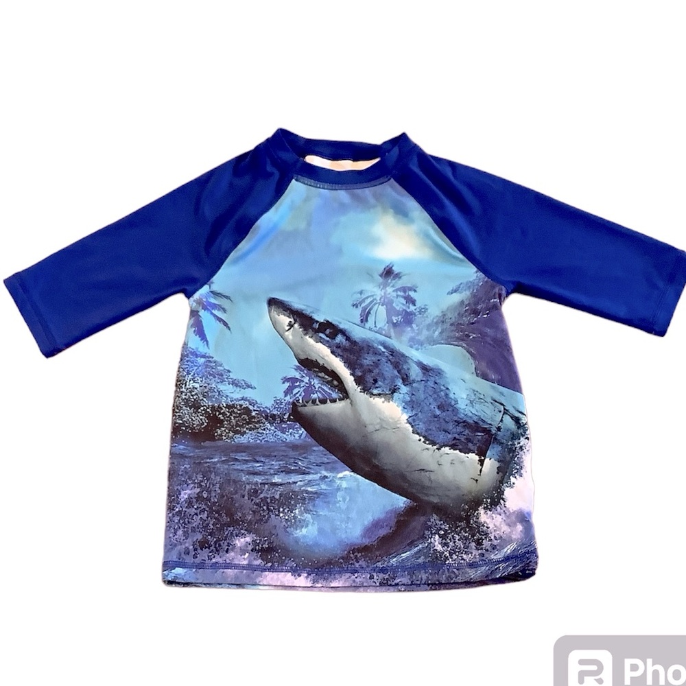 Rashguard Sz. M (8) with shades of blue, sharks and waves. NWOT